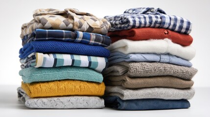 Two stacks of neatly folded shirts and sweaters