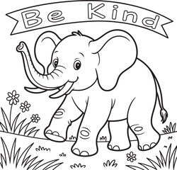 Be Kind Elephant with Banner Outline Vector Illustration Positive Message Art