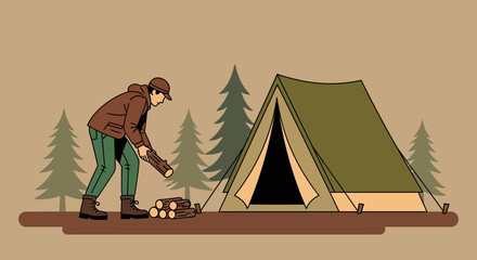 Camping in The Woods with Preparation: Building Campfire and Shelter Amidst Trees