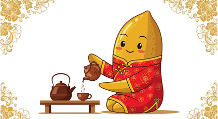Cheerful Peanut Character Engaged In A Traditional Tea Ceremony Displaying Artistic Elegance
