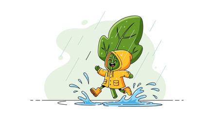 Cheerful Plant Character Enjoys A Rainy Puddle, Creating Playful And Delightful Moments
