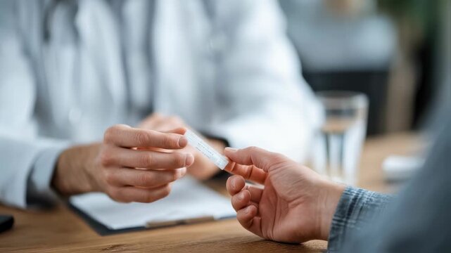 Pharmacist demonstrating fentanyl test strip use while speaking to client main focus on strip and pharmacists hand the consultation room gently blurred.