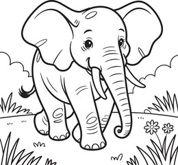 Cute Elephant Cartoon Illustration with Flowers and Grass in a Natural Setting Art