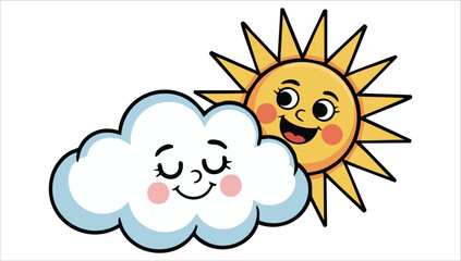 cute smiling sun and fluffy cloud vector illustration on white background
