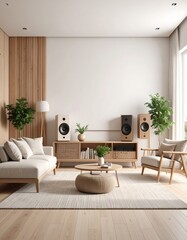 Tranquil Japandi Living Room with Light Wood HiFi Speakers and Natural Light.