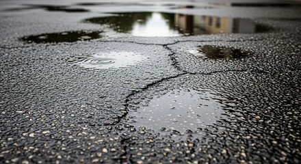 Fototapeta premium Cracked asphalt surface with puddles and reflections after rain