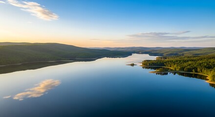 Serene Lake at Sunset with Reflecting Sky and Lush Greenery.