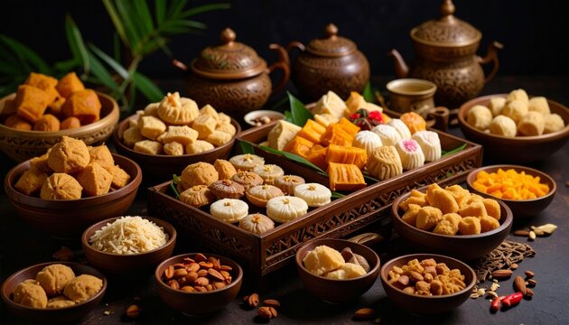 A Lavish Spread of Asian Sweets and Pastries in Ornate Wooden Bowls with Tea Service
