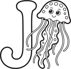 J is for Jellyfish Coloring Page Outline Illustration for Kids Learning Alphabet