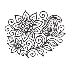 Elegant vintage ethnic vector illustration of floral carvings, created in minimalist black and white, enhanced with solid bold black outlining for timeless appeal.