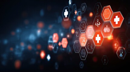 Digital medical icons in hexagonal clusters, blurred background