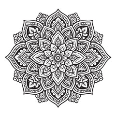 Vector design featuring vintage ethnic swirling floral carvings, presented in elegant black and white, outlined beautifully with bold black strokes for timeless style.