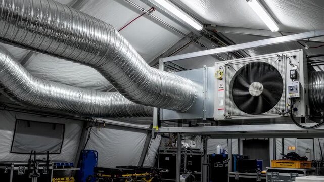 Emergency tent interior with HVAC unit mounted on frame showcasing insulated air ducts and fan blades spinning to maintain optimal temperature.