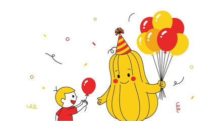 Animated Celebration Featuring A Cheerful Pumpkin Character And A Joyful Young Child