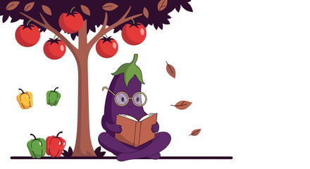 Fototapeta premium Animated Eggplant Reading Book Under Tomato Tree Enjoying Seasonal Autumn Scene