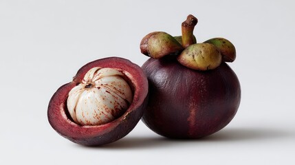 Fototapeta premium Mangosteen fruit, one whole and one halved, on a white background