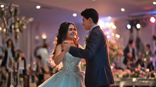 Quincea&ntilde;era waltz: young couple dancing at celebration