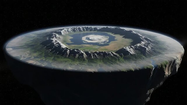 flat earth conceptual surrounded by stars and mountains