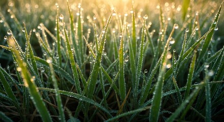 Dew drops on blades of grass with soft light filtering through