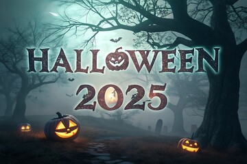 Spooky halloween 2025 forest scene with jack o lanterns
