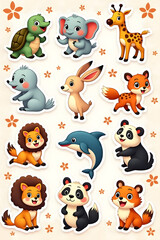 Naklejka premium Cute Cartoon Animals Stickers Set with Turtle Elephant Giraffe