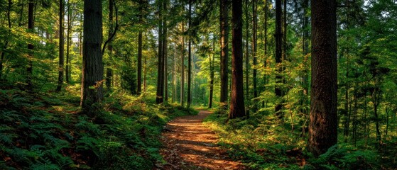 Obraz premium Forest path winding through tall trees with sunlight filtering through the foliage