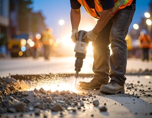 A construction worker uses a jackhammer to break up pavement at night