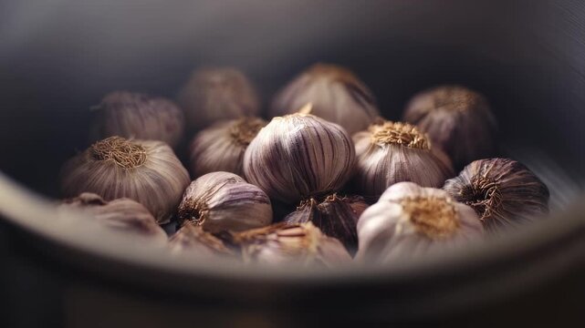 Medium shot capturing the incubation process with peeled black garlic cloves in focus inside the container surrounded by softly blurred humidifier mist enhancing rich