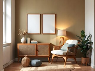 Mid-Century Modern Living Room Interior: Stylish Home Decor with Neutral Palette and Rattan Furniture