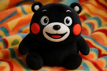 Adorable Kumamon plush toy radiating joy on vibrant patterned fabric background, perfect gift