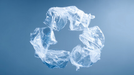 Obraz premium Plastic Recycling Symbol Made of Thin Plastic Bags on Blue Background