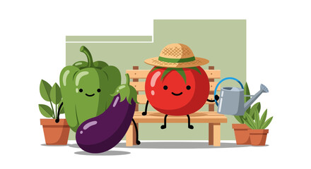 Naklejka premium Adorable Vegetable Characters Enjoying The Garden Scene With Watering Cans And Sunshine