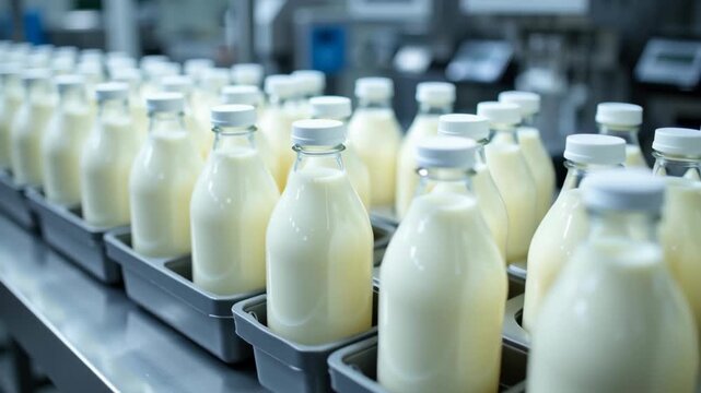 Glass bottle milk dairy factory bottling production line with white liquid beverage, nutrition, freshness, clean industrial process, modern technology, efficiency, and healthy environment