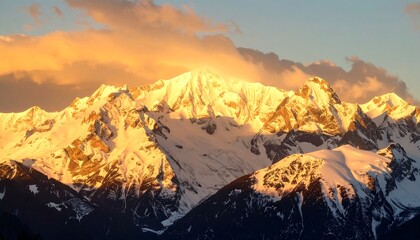 Golden Hour Sunlight Illuminates Majestic Snow-Capped Mountain Peaks
