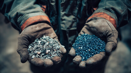 Worker Holding Metal and Plastic Granules in Protective Gloves