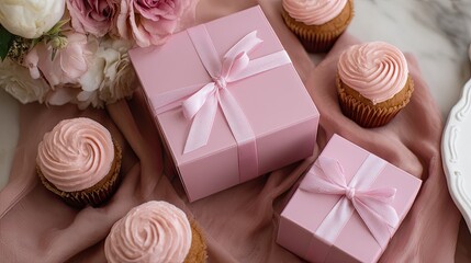 Pink gift boxes and cupcakes on a draped surface