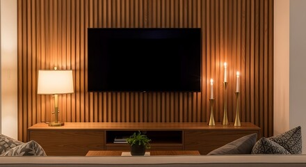 Modern Living Room Interior with TV and Wooden Wall.