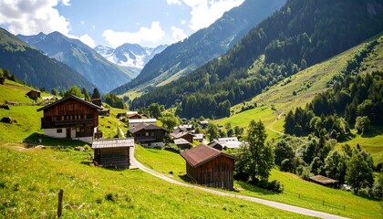 Fototapeta premium Alpine Village nestled in the Mountains