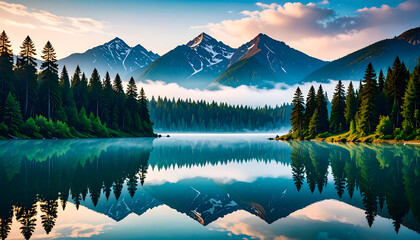 Mountain lake sunrise reflection