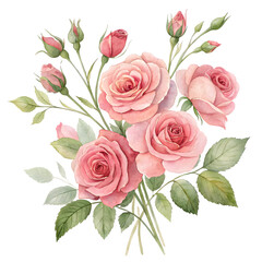 Beautiful watercolor painting of a lush bouquet of pink roses with green leaves on a black background