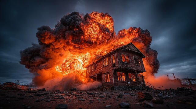 Building engulfed in a large explosion with dark sky and debris.