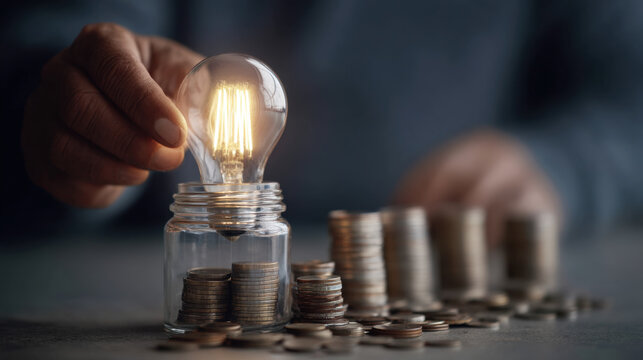 Hand places light bulb into jar filled with coins, symbolizing concept of saving energy and money. image conveys sense of innovation and financial growth - Powered by Adobe