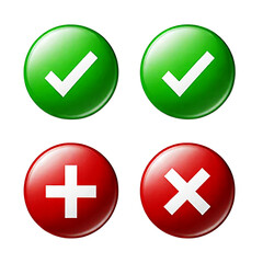Four glossy buttons with checkmarks plus and cross symbols isolated on transparent background