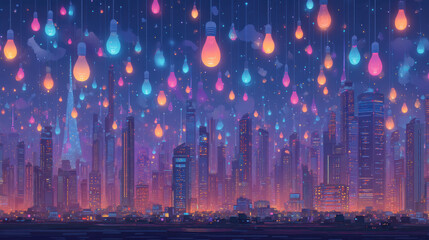 Vibrant city skyline illuminated by colorful hanging lights, creating magical atmosphere at night. scene captures blend of modern architecture and enchanting ambiance