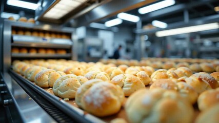 Fresh bread roll bakery factory production hygiene food industrial baking delicious golden brown bread rolls conveyor belt modern bakery, showcasing efficient, clean, hygienic food production process - Powered by Adobe
