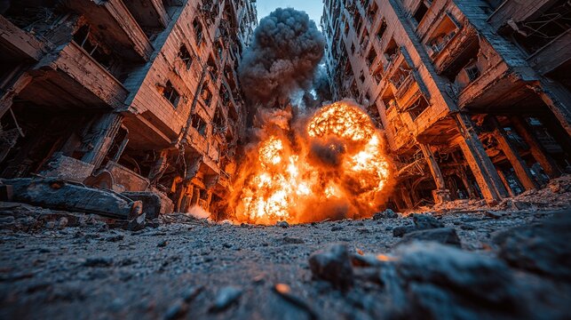 Explosion between damaged buildings debris on ground destruction war zone aftermath.