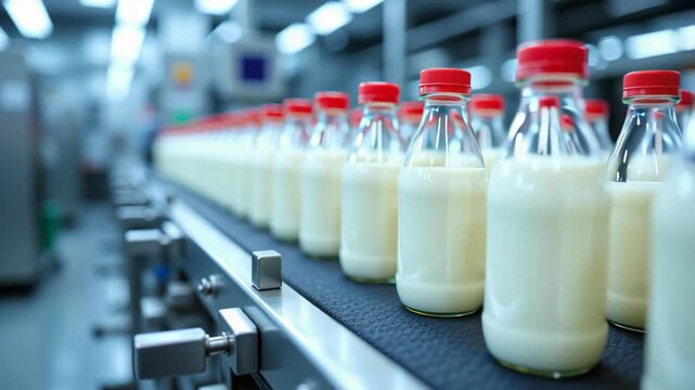 Glass bottle milk red cap conveyor factory bottling dairy production clean modern industrial fresh automated process nutritious healthy beverage food packaging technology efficiency equipment drink