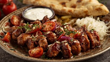 Delicious Chicken Shawarma Platter with Tender Meat, Fresh Herbs, Warm Flatbread, and Vibrant Vegetables in Inviting Light