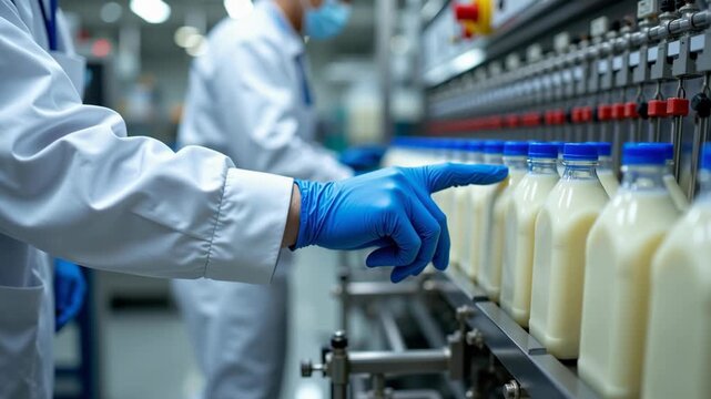 Milk factory bottling production line with glass bottle worker wearing blue gloves ensures hygiene and quality control, automated dairy environment focuses on clean, efficient glass bottle production