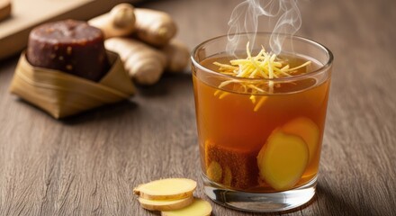 Ginger tea with brown sugar. Steam rises from a glass of warm ginger tea, garnished with ginger slices.  Brown sugar block beside it
